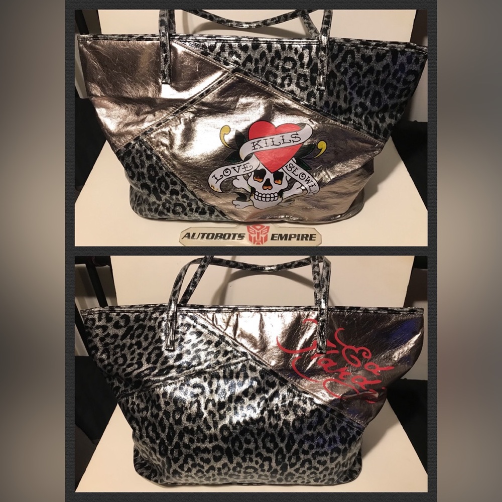 Vintage Womens ED HARDY Leopard Cheetah Love Kills Slowly Skull Shoulder Bag lv